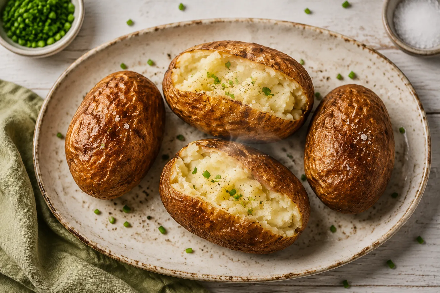 Finished baked potatoes in air fryer split open showing fluffy centers