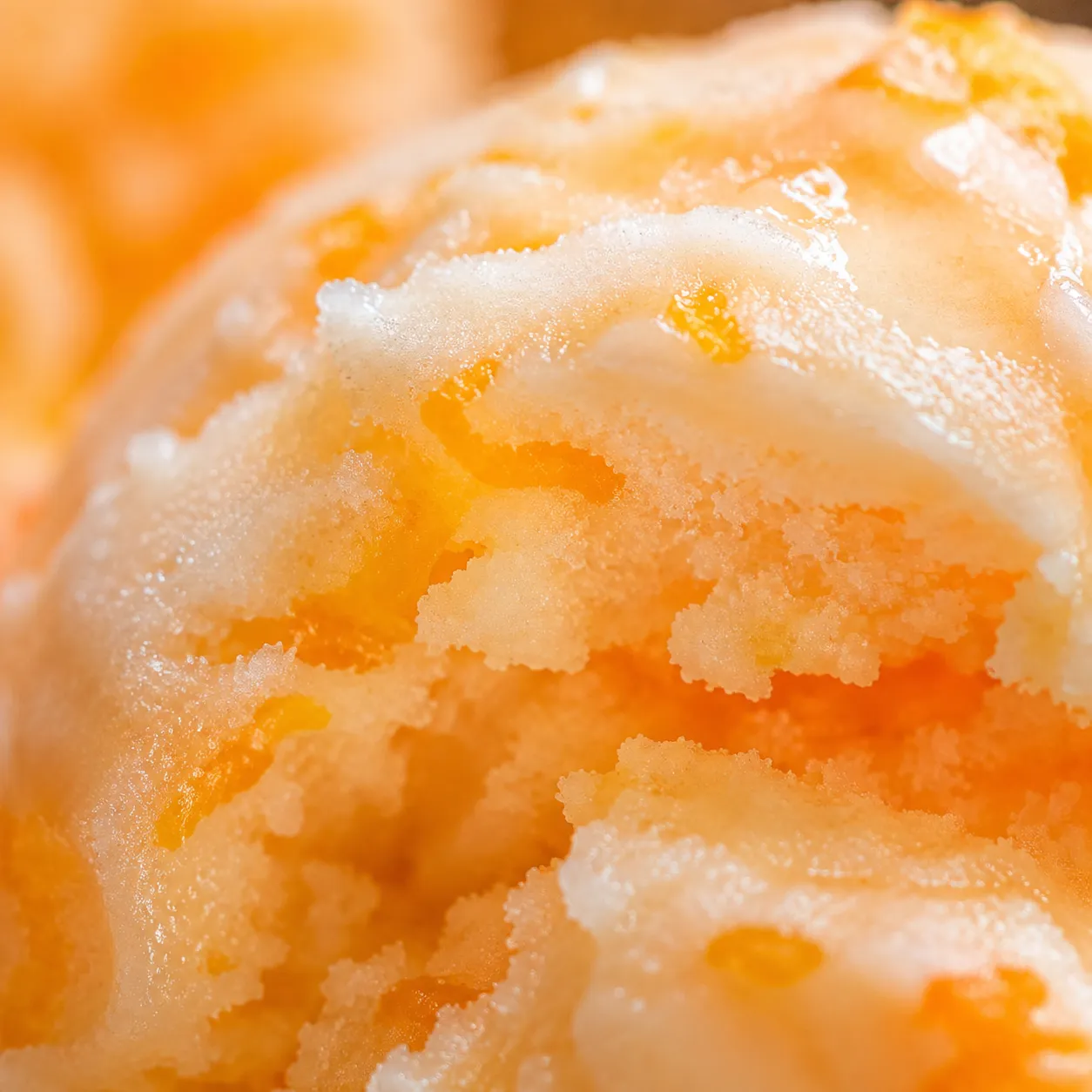 Macro close-up of creamy sherbet ice cream texture with orange zest