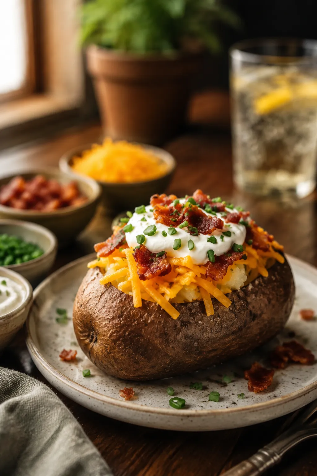 Loaded baked potato from air fryer with cheese, bacon, and chives