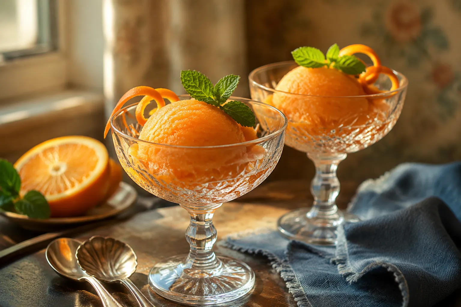 Scoops of homemade orange sherbet ice cream served in vintage glass coupes