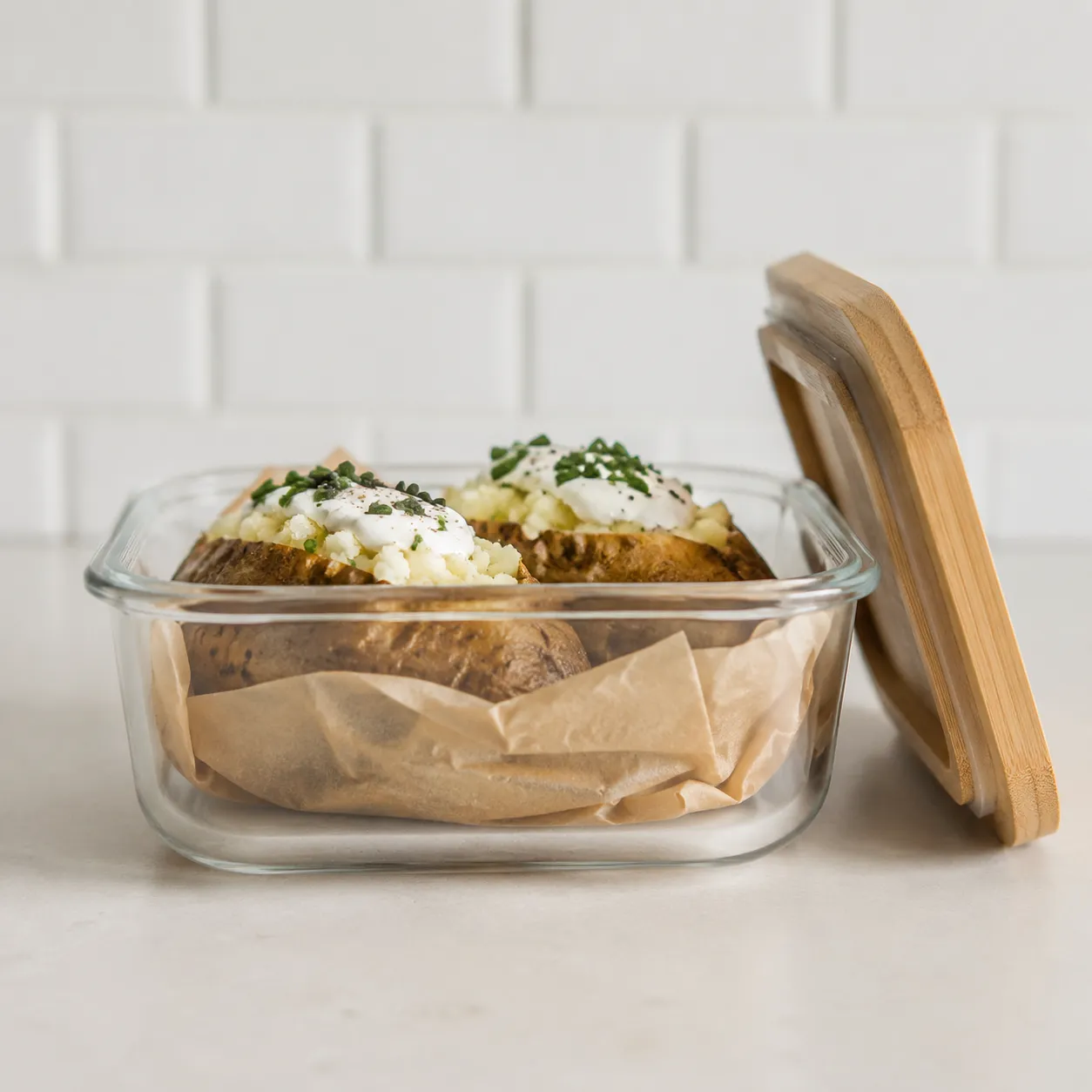 Storing leftover air fryer baked potatoes in a glass container