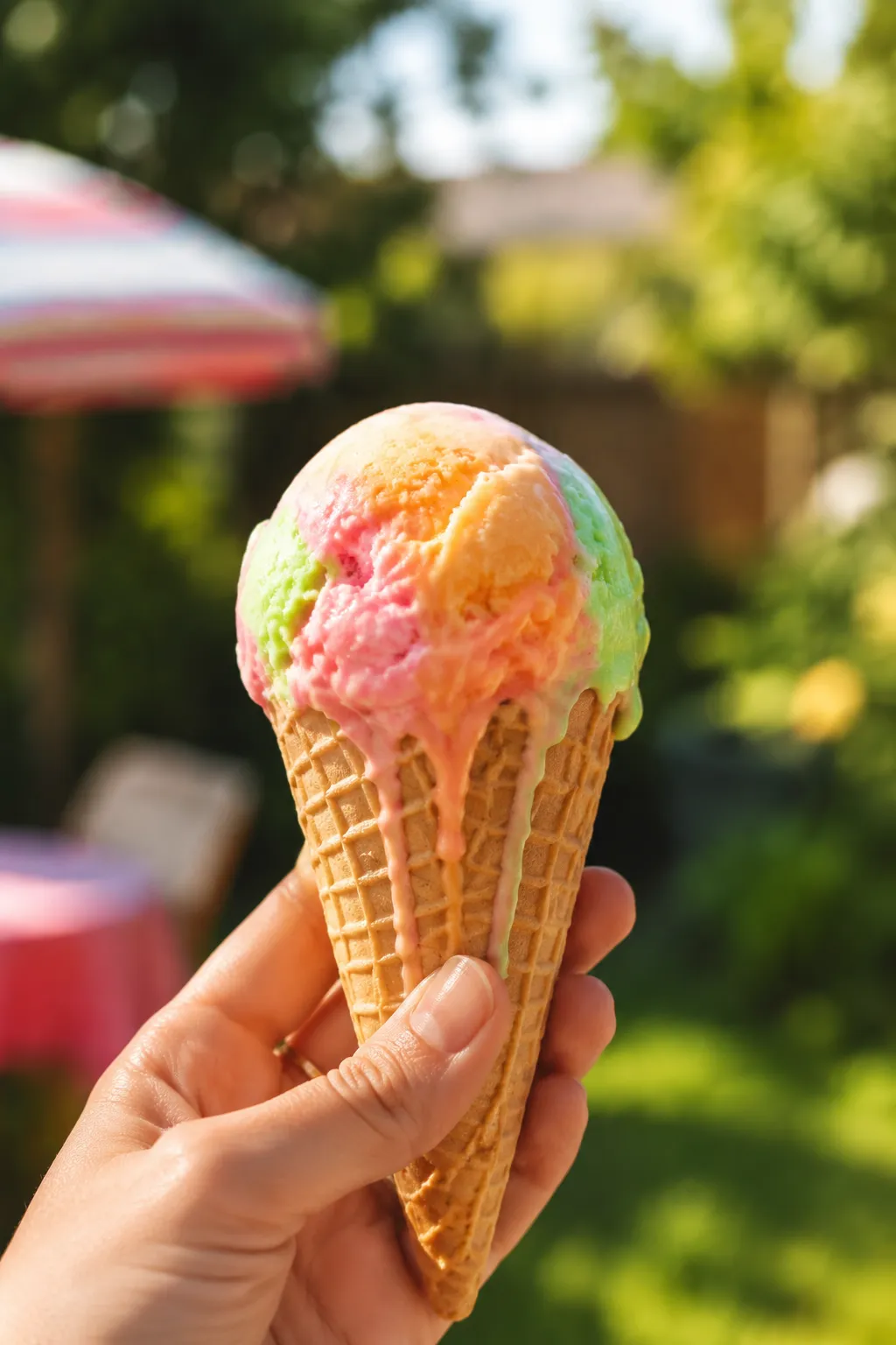 Hand holding a rainbow sherbet ice cream cone in summer sunlight