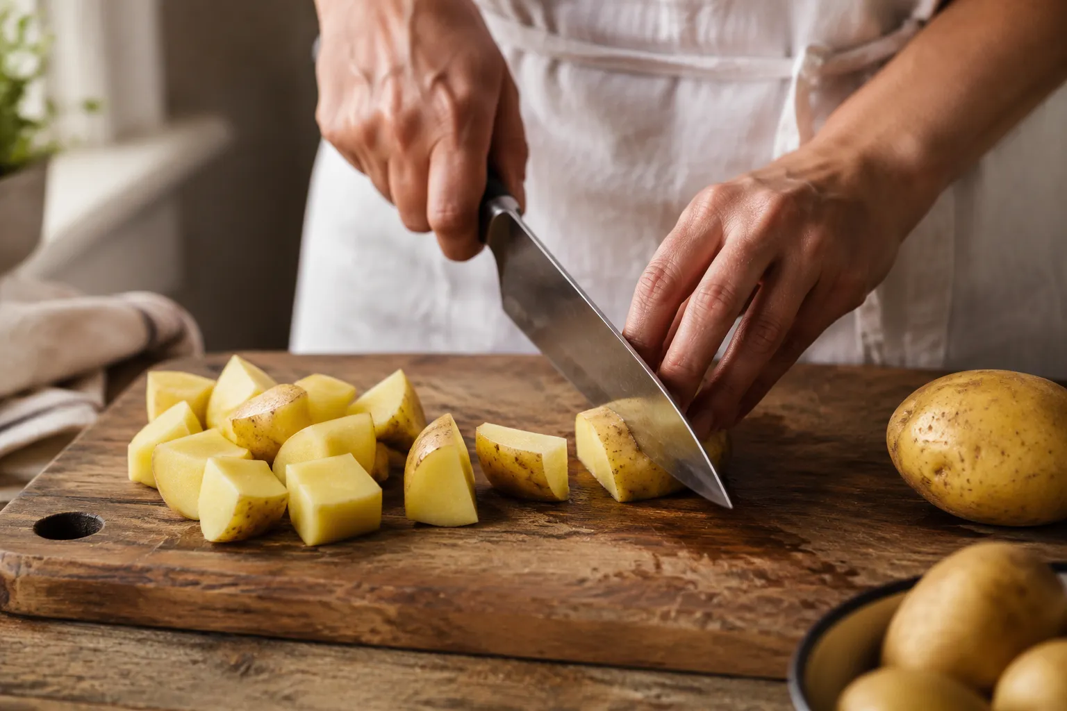 Cutting potatoes into chunks on a wooden board for roasting