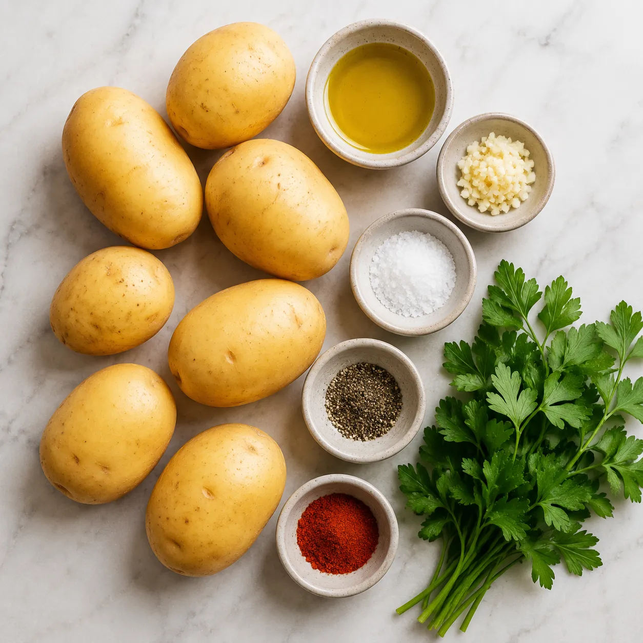 Potato recipe ingredients flatlay including Yukon gold potatoes garlic and herbs