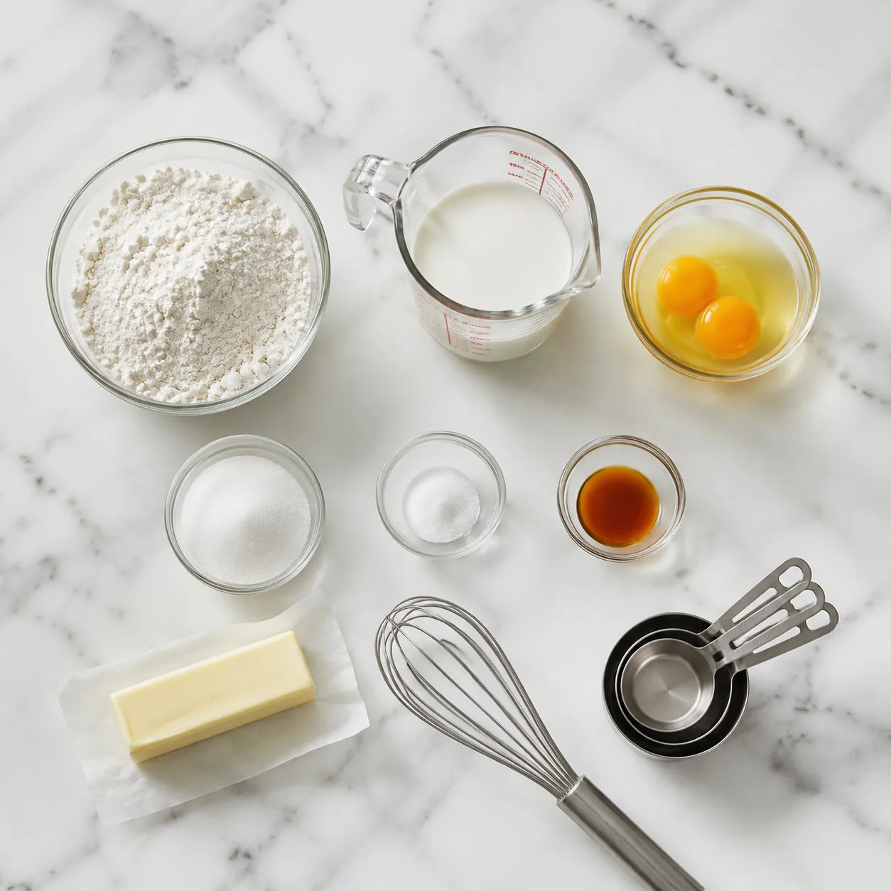 Swedish pancake recipe ingredients including flour, milk, eggs, butter, and sugar