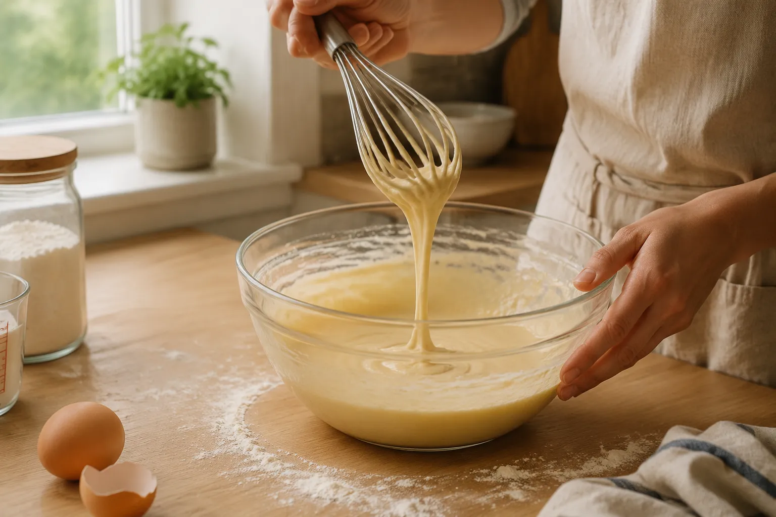 Whisking smooth thin Swedish pancake batter in a glass bowl