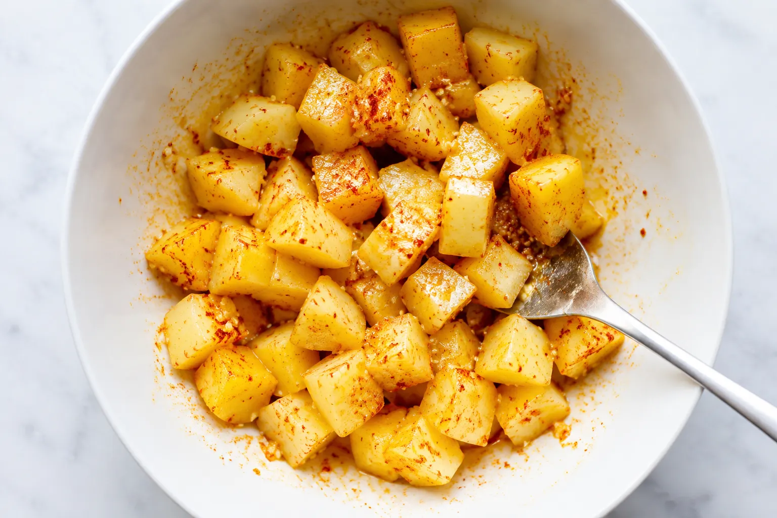Tossing potatoes with olive oil and seasoning in a mixing bowl