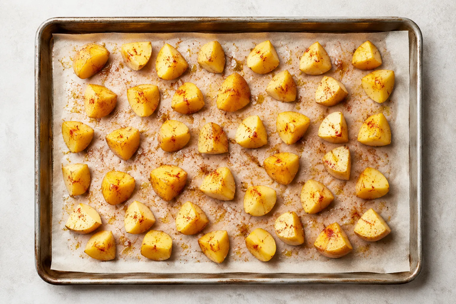 Seasoned potatoes arranged on sheet pan before roasting