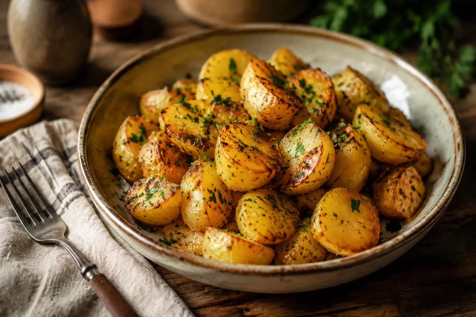Crispy roasted potatoes plated in a rustic ceramic serving dish