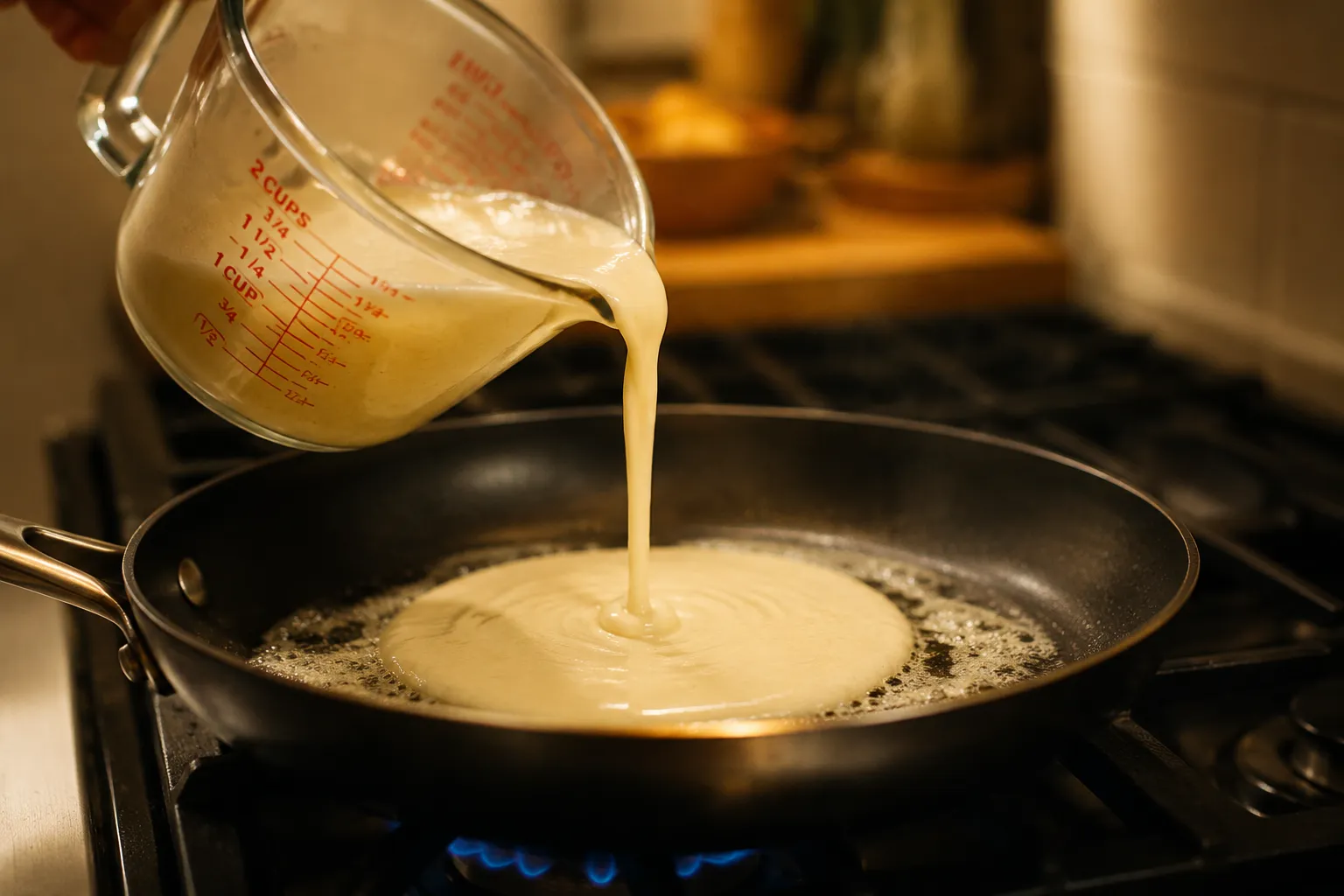 Pouring thin Swedish pancake batter into a hot buttered skillet