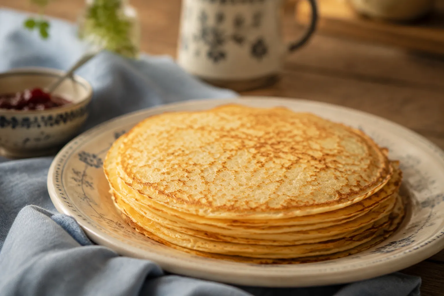 Stack of finished thin Swedish pancakes on a vintage plate