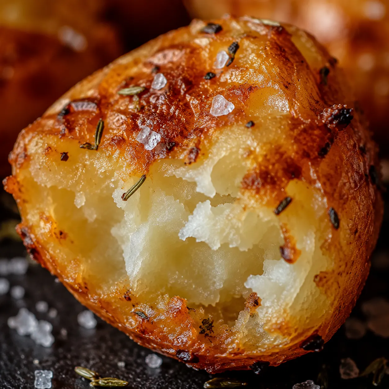 Macro close-up of crispy roasted potato showing golden crust and fluffy interior