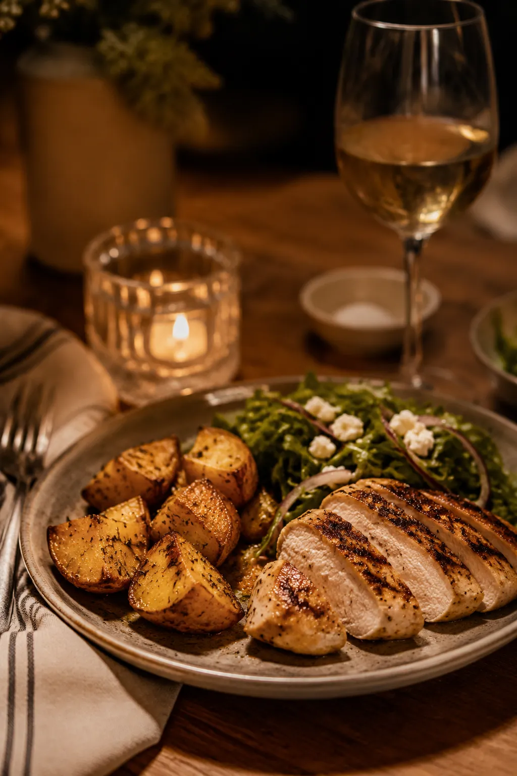 Roasted potatoes served as a side dish at dinner with chicken and salad
