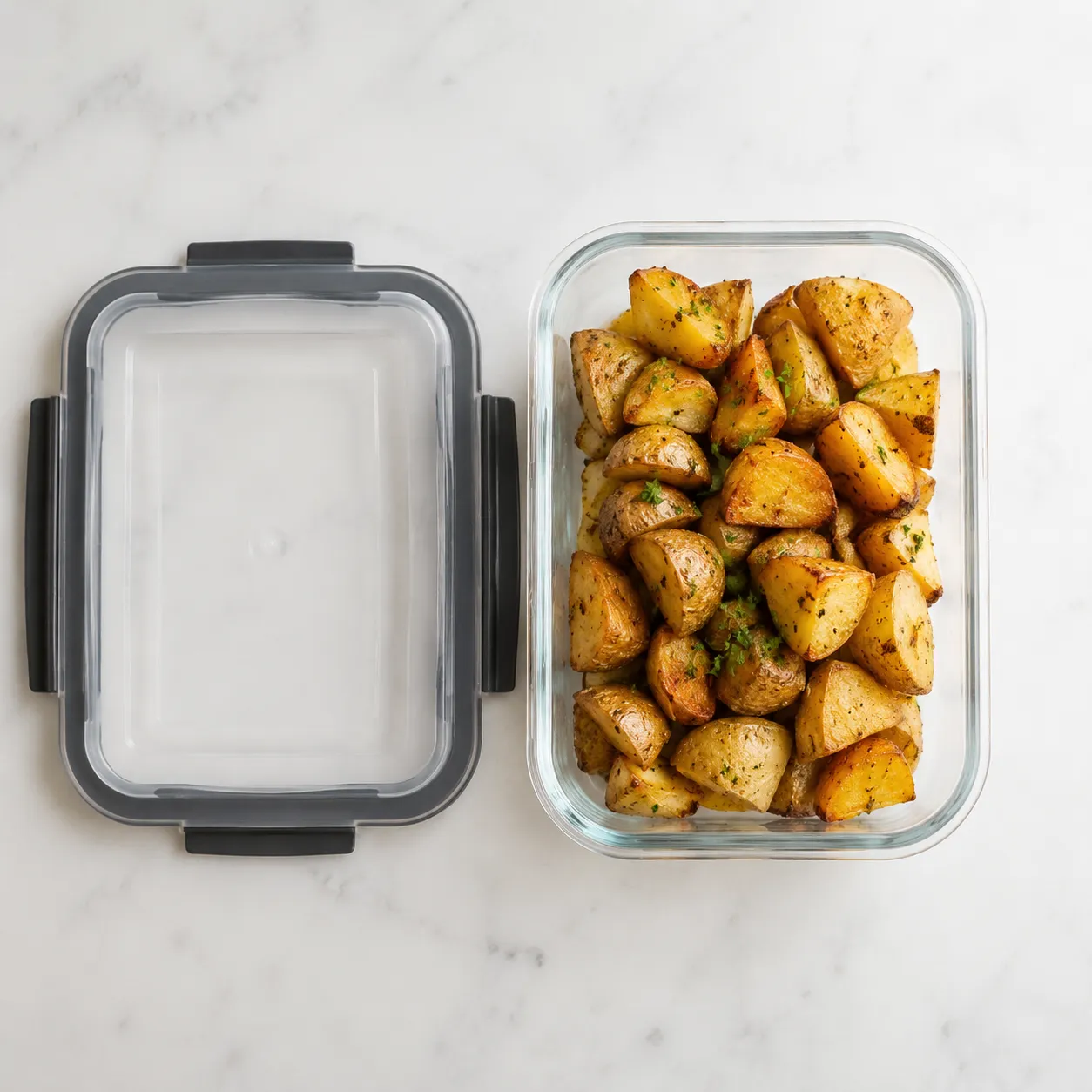Leftover potato recipe stored in a glass container for meal prep