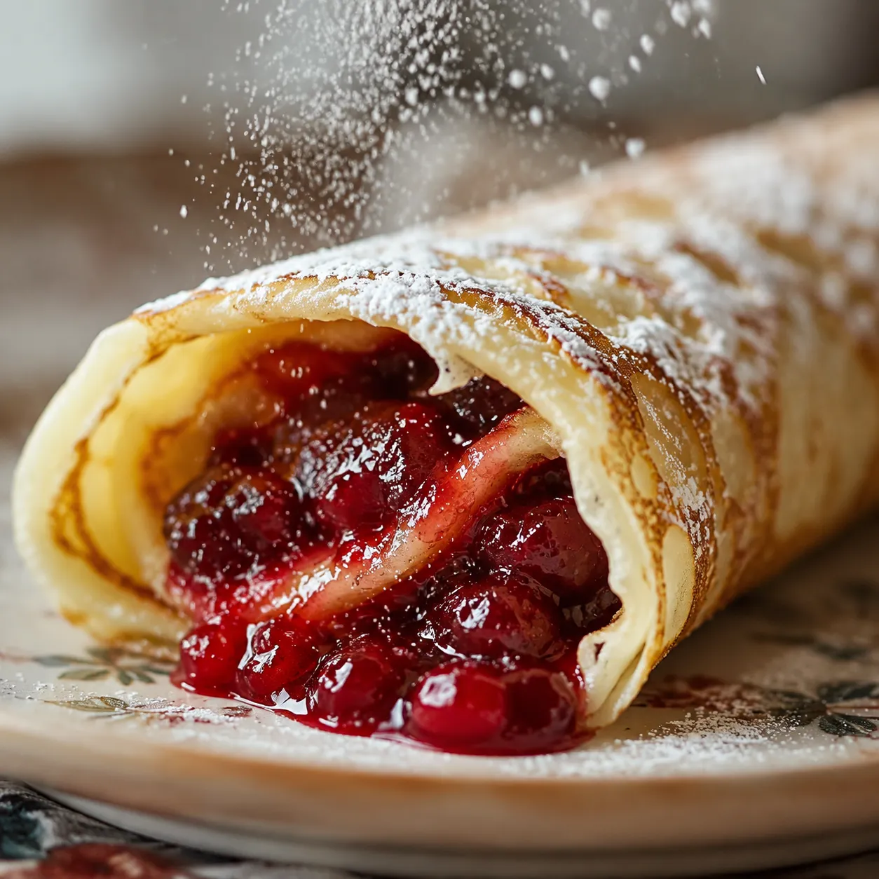 Close-up of Swedish pancake rolled with lingonberry jam and powdered sugar
