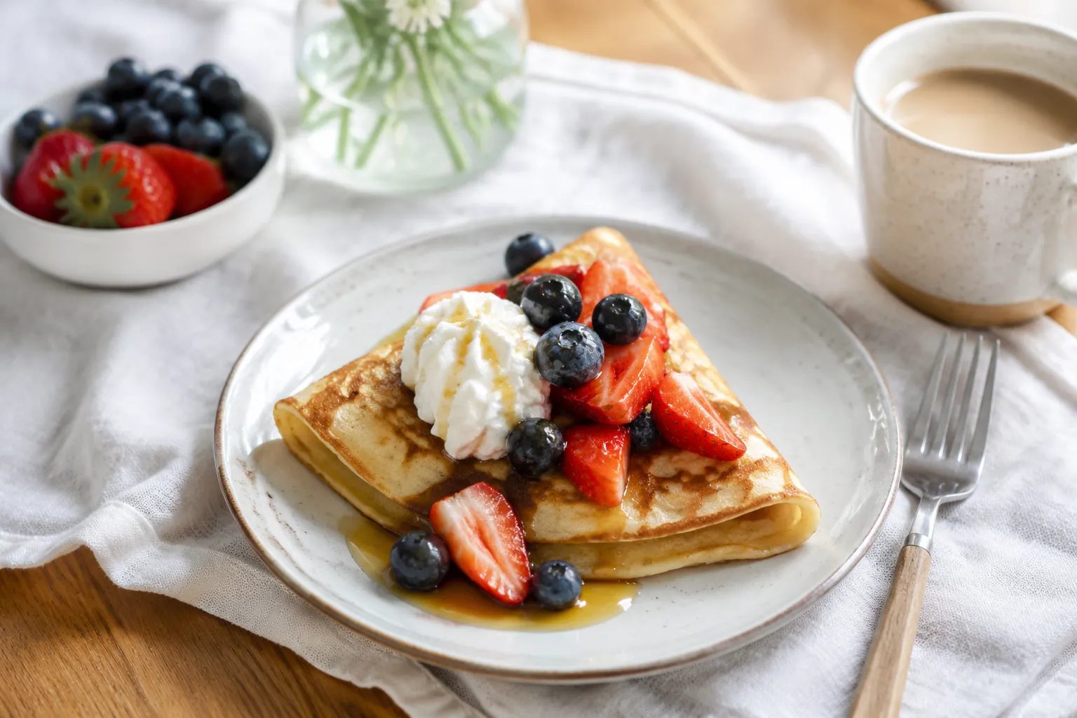 Folded Swedish pancake topped with whipped cream and fresh berries