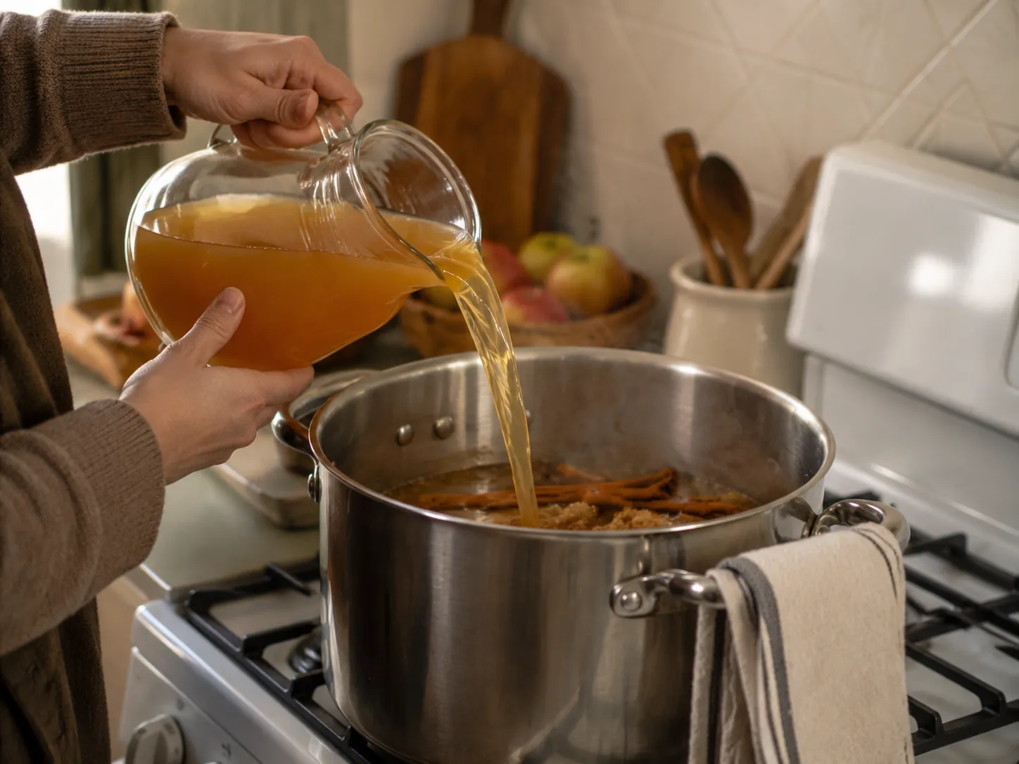 Pouring apple cider into a stockpot with cinnamon sticks for apple pie moonshine