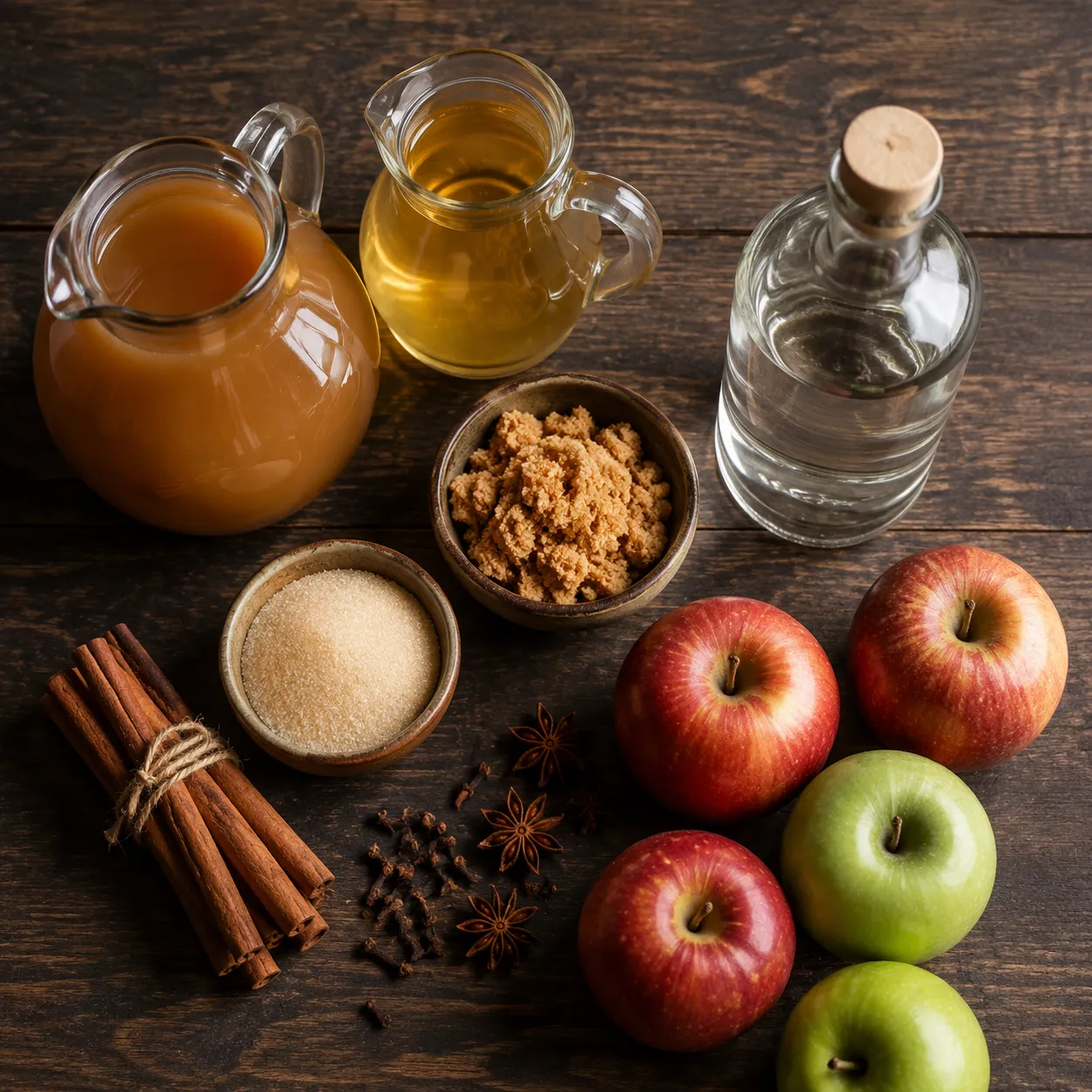 Apple pie moonshine ingredients flatlay with cider, brown sugar, cinnamon and moonshine
