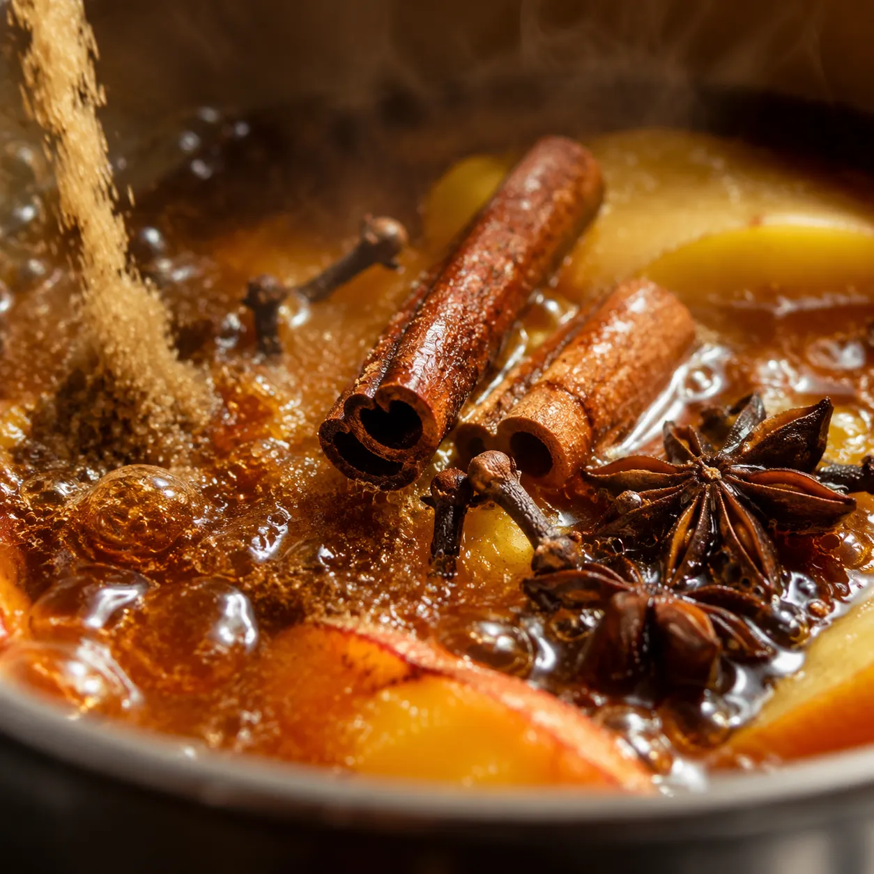 Close-up of simmering spiced apple cider with cinnamon sticks for moonshine apple pie drink recipe