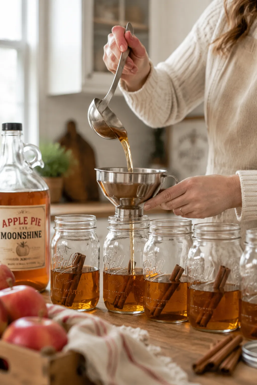 Bottling homemade apple pie moonshine into mason jars with cinnamon sticks