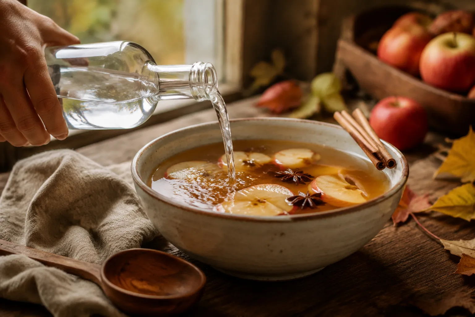 Pouring moonshine into cooled spiced cider for apple pie drink recipe with moonshine