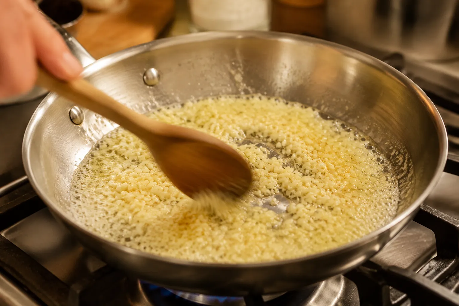 Minced garlic blooming in melted butter for an easy garlic noodles recipe