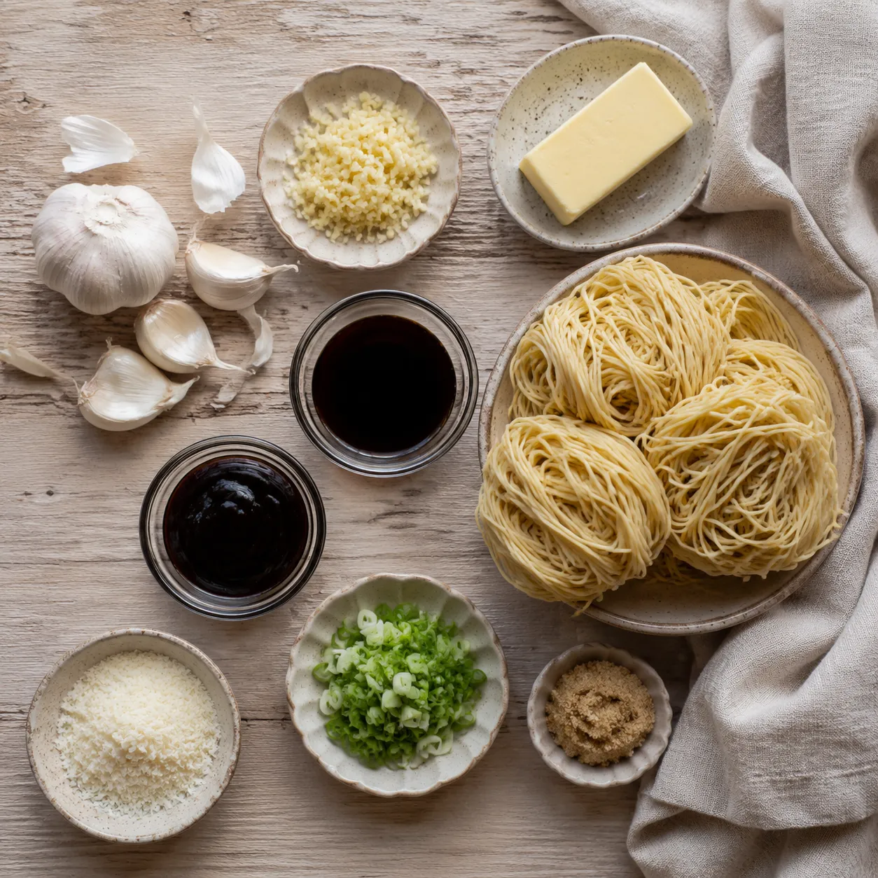 Garlic noodles ingredients flatlay with garlic, butter, soy sauce, and lo mein noodles