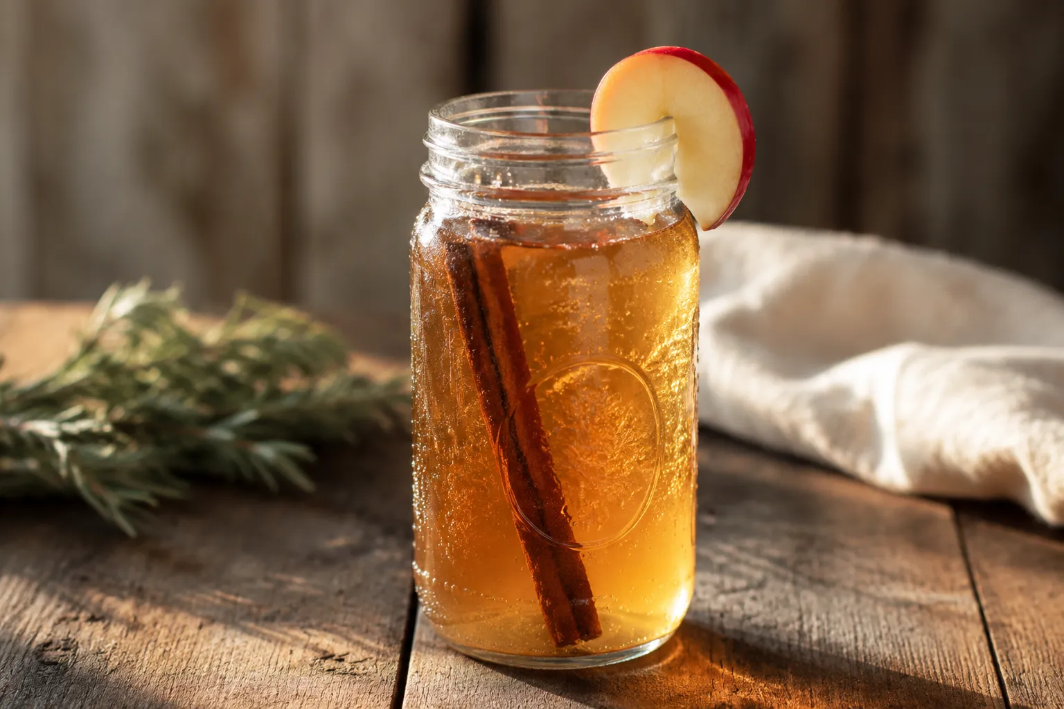 Finished apple pie moonshine in a mason jar with cinnamon stick and apple garnish