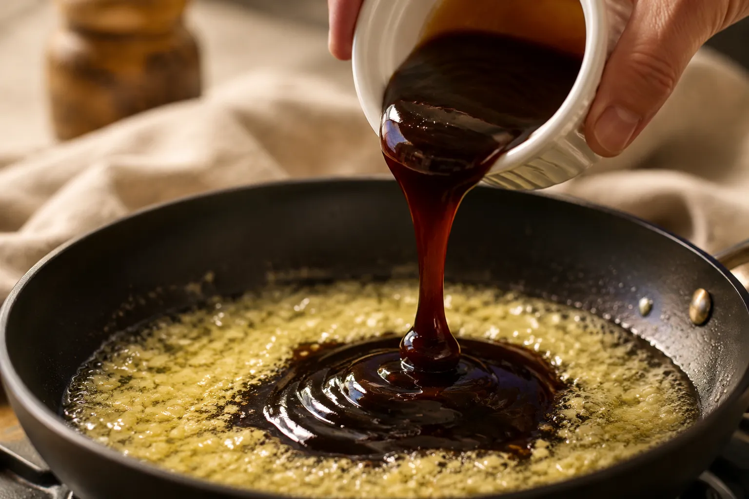Pouring oyster and soy sauce into a garlic butter skillet for garlic noodles