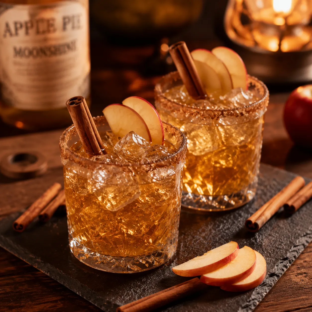 Apple pie moonshine cocktails served over ice with cinnamon sugar rims