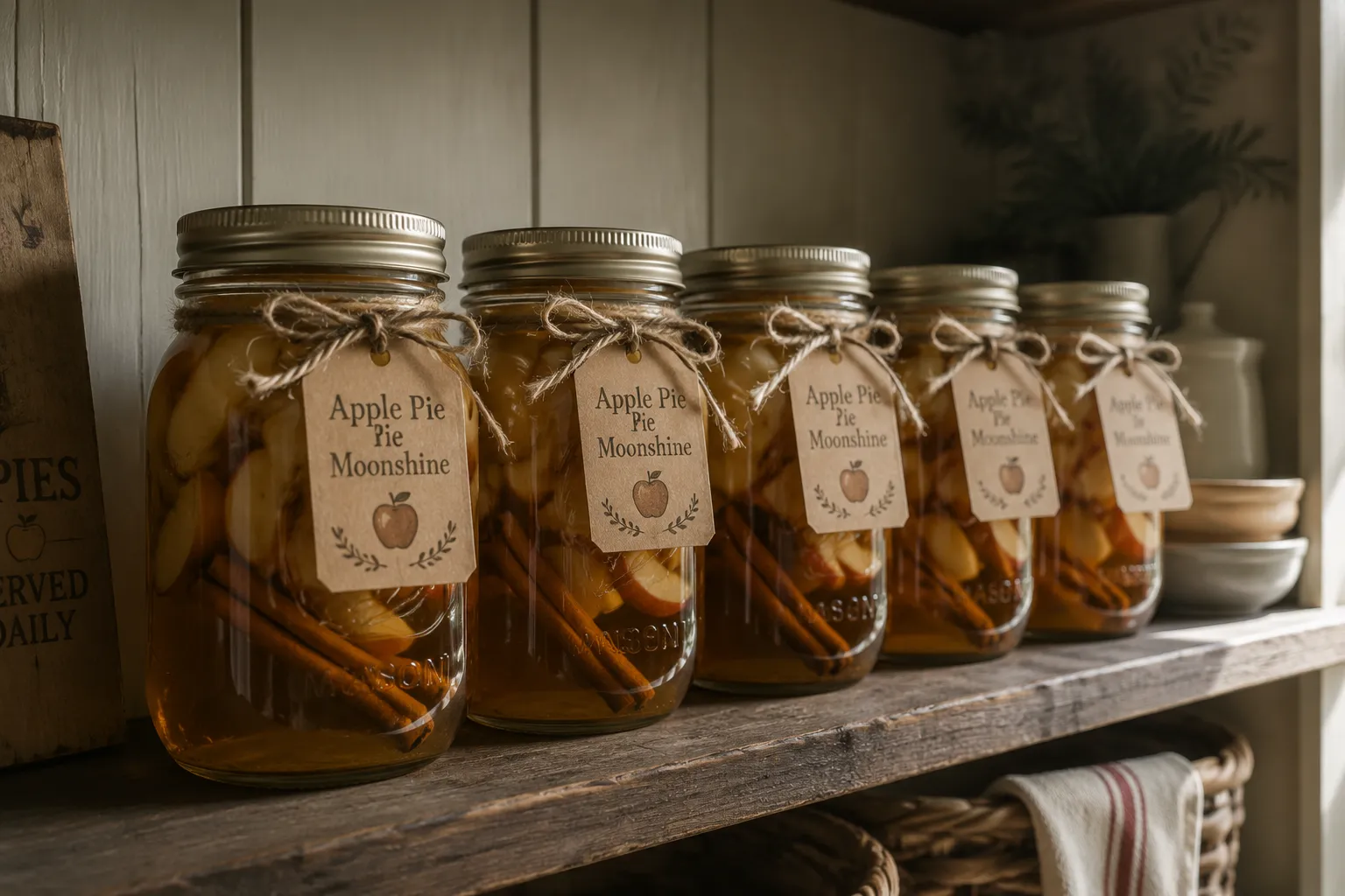 Mason jars of apple pie moonshine tied with twine as homemade holiday gifts