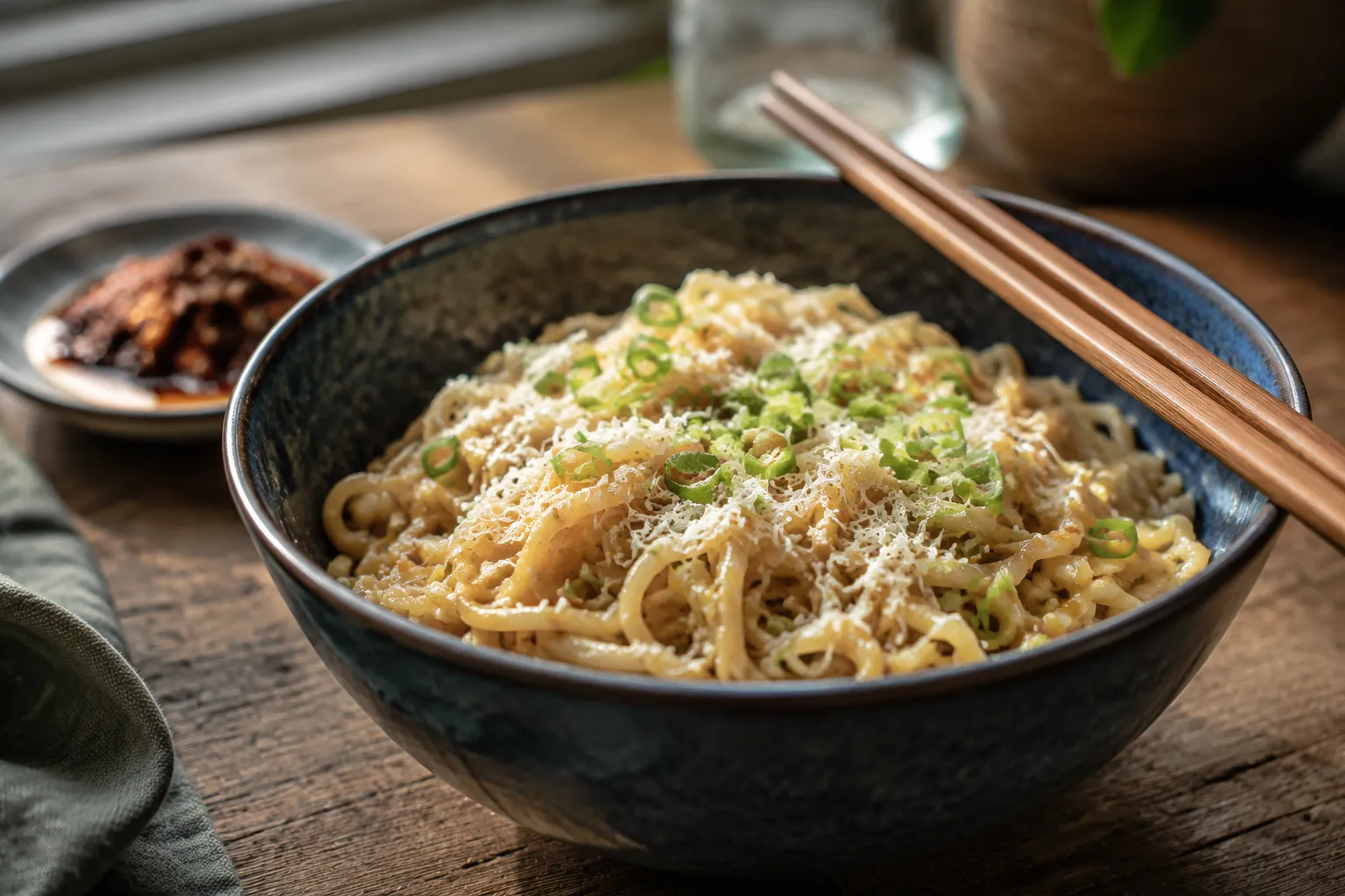 Finished garlic noodles recipe topped with Parmesan and scallions in a ceramic bowl