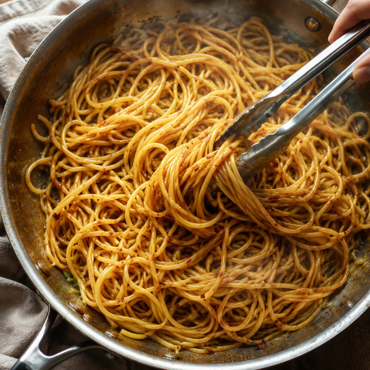 Tossing lo mein noodles in buttery garlic sauce for the best garlic noodles