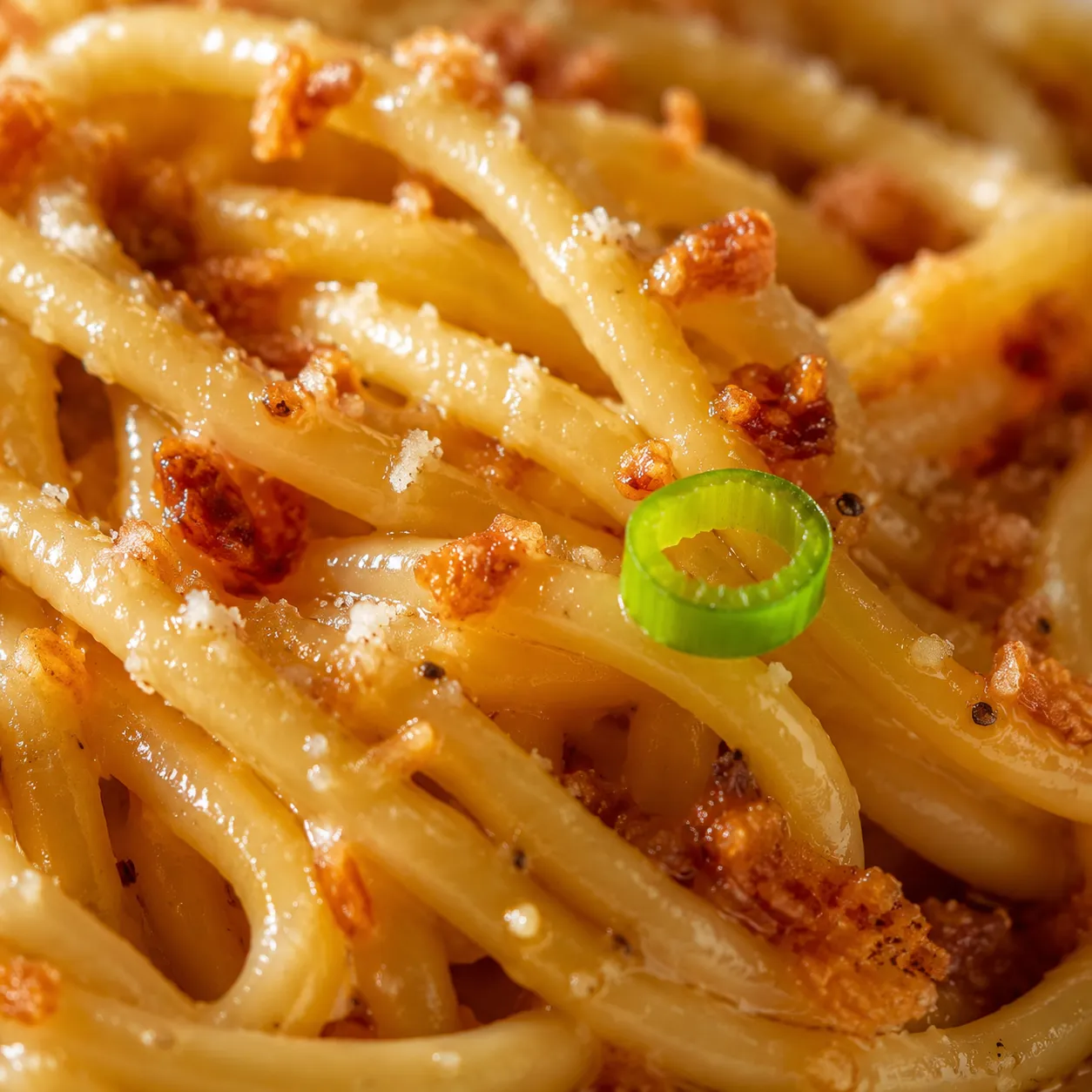 Close-up macro of glossy garlic noodles with caramelized garlic and Parmesan