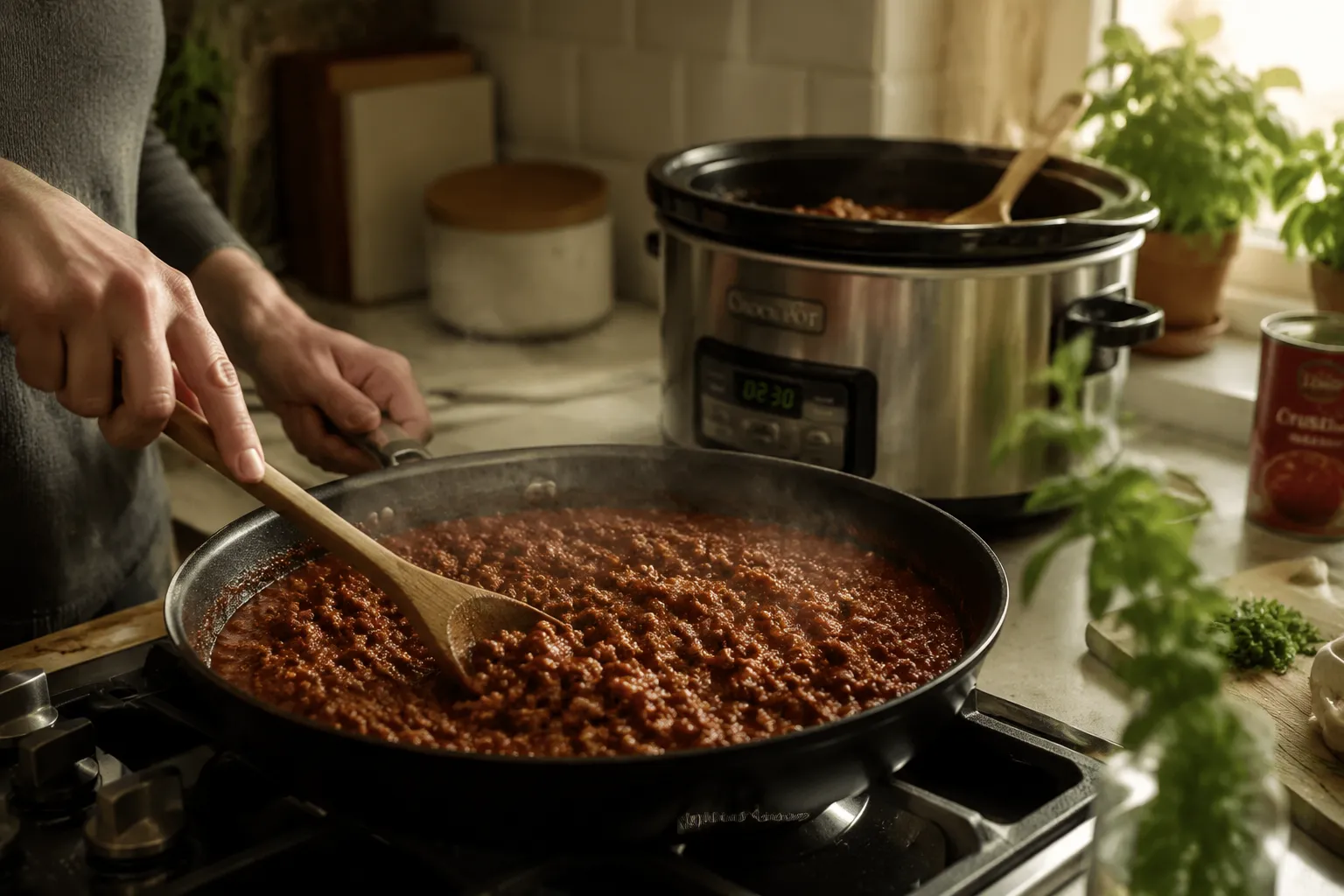 Hands preparing meat sauce for crockpot lasagna