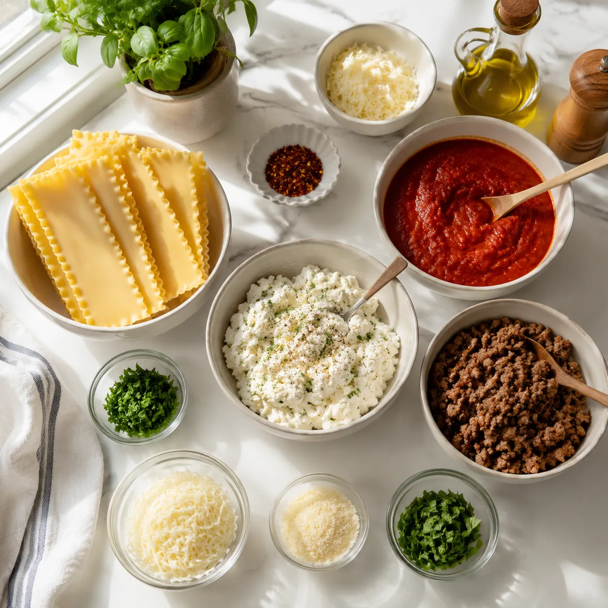 Crockpot lasagna ingredients flatlay with noodles, cheese, sauce, and meat