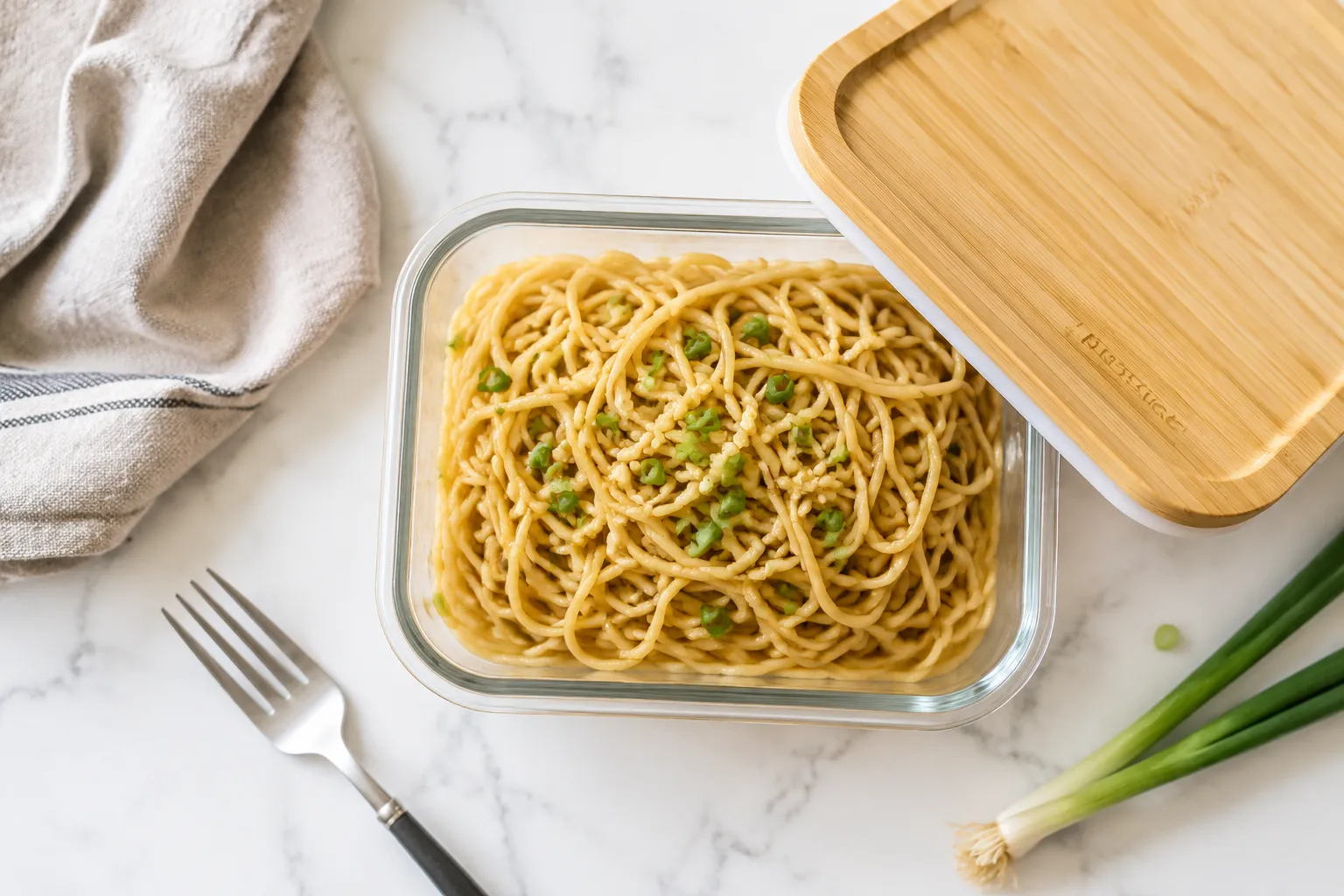 Storing leftover garlic noodles in a glass meal-prep container for easy reheating