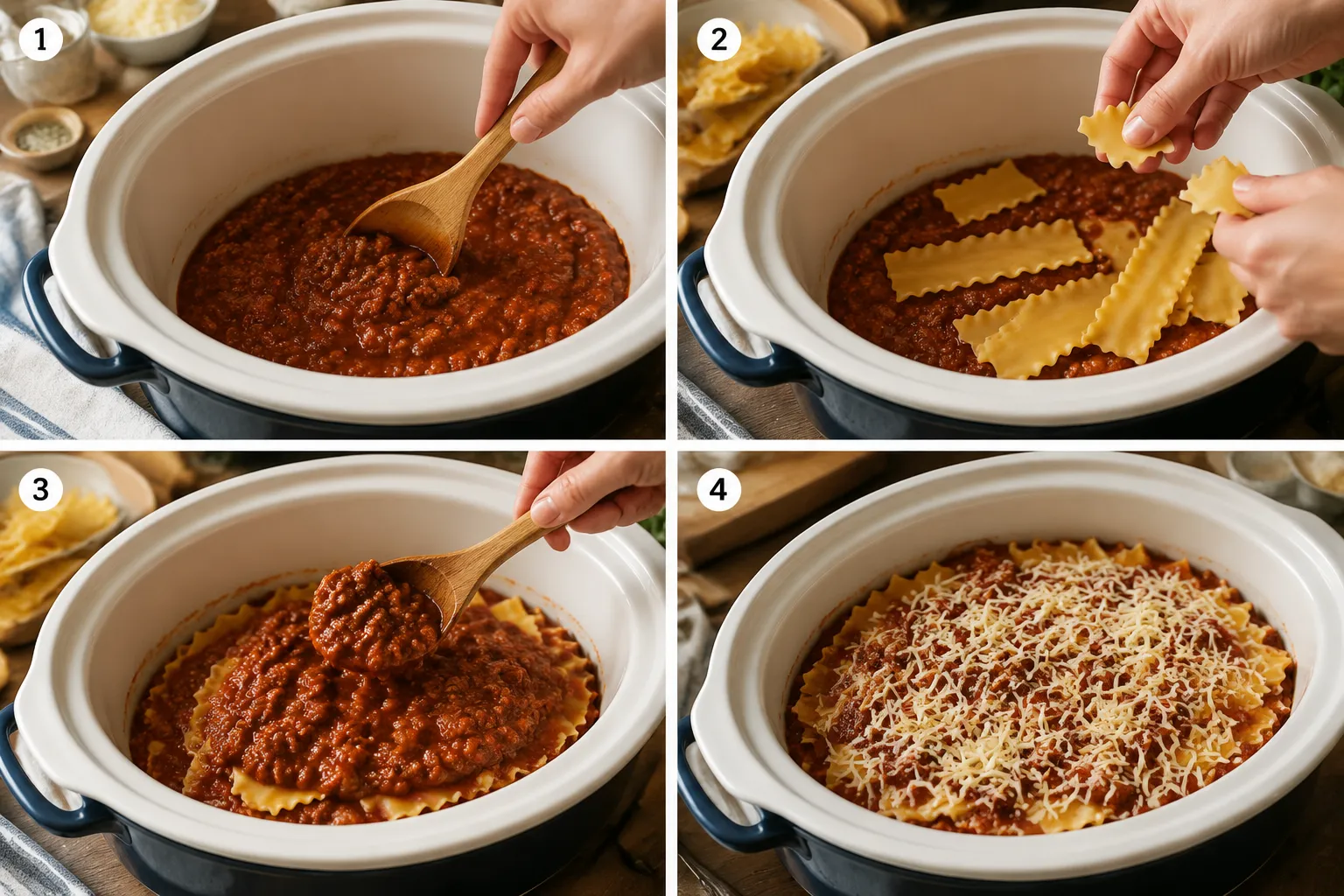 Layering noodles and sauce in a crockpot lasagna recipe