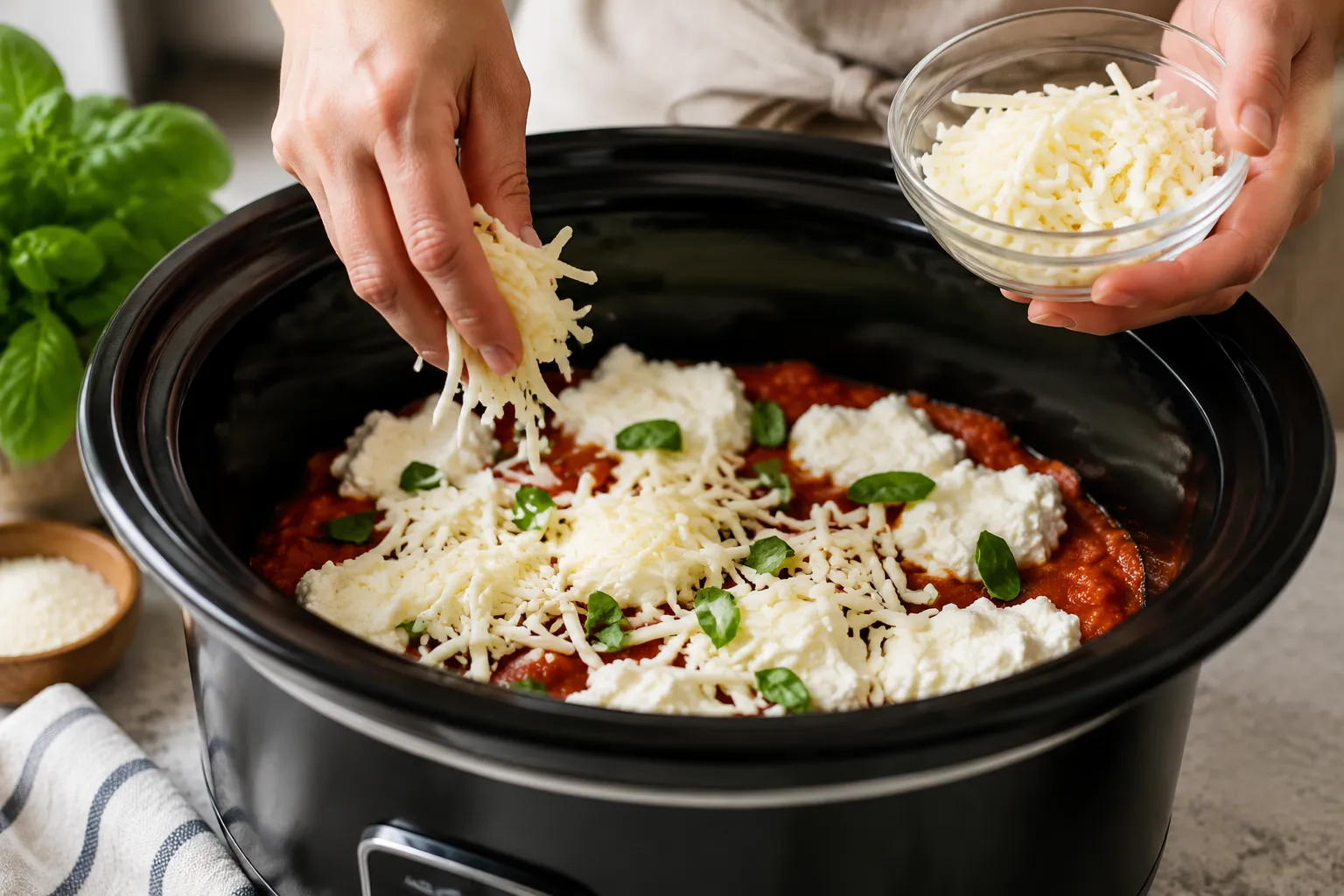 Ricotta and mozzarella layers for slow cooker lasagna