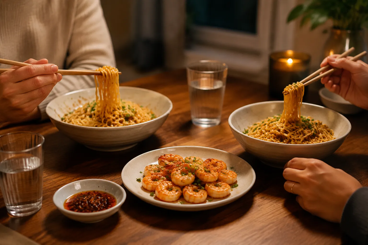 Garlic noodles served with shrimp and chili crisp for an easy weeknight dinner