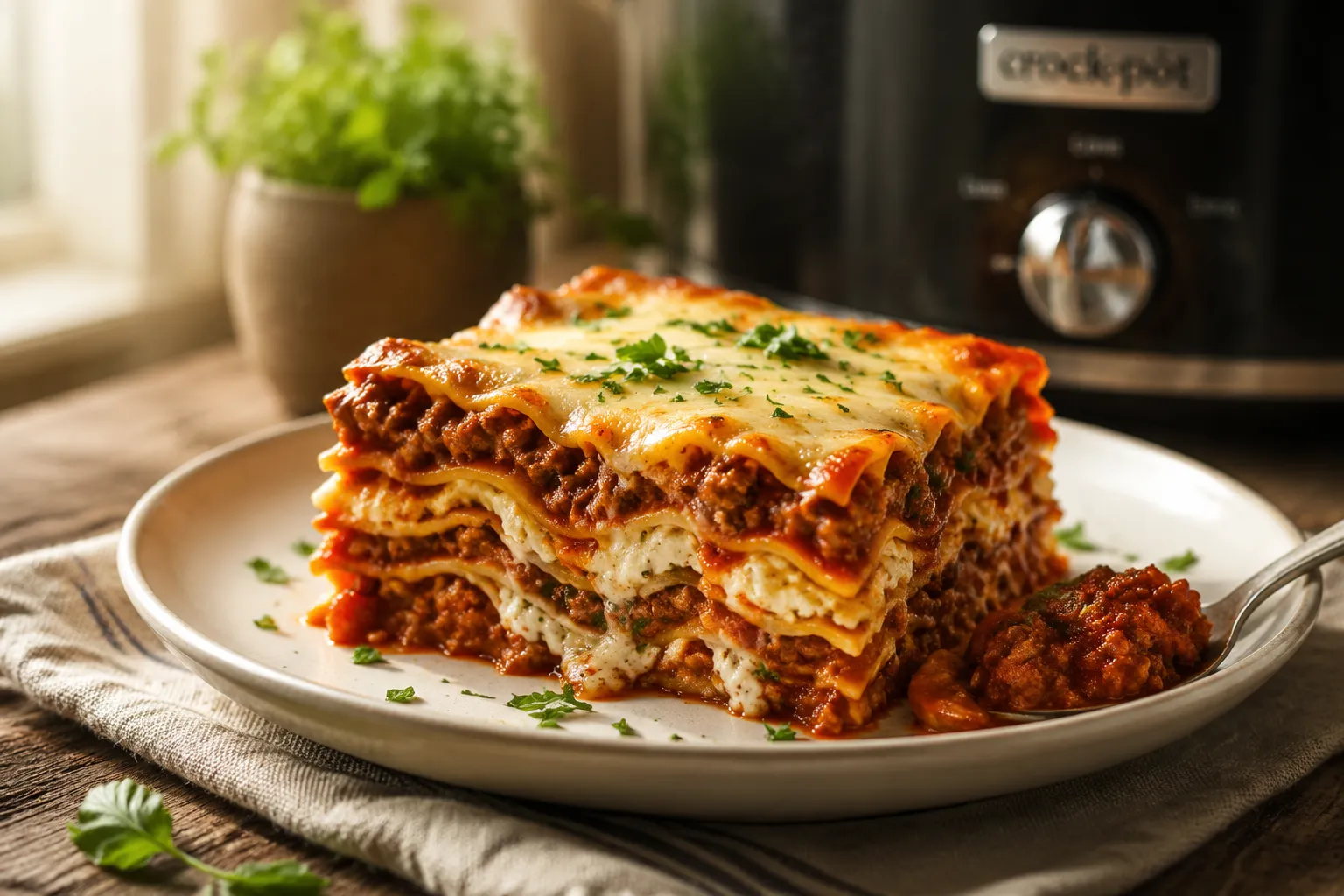 Finished crockpot lasagna recipe served on a dinner plate