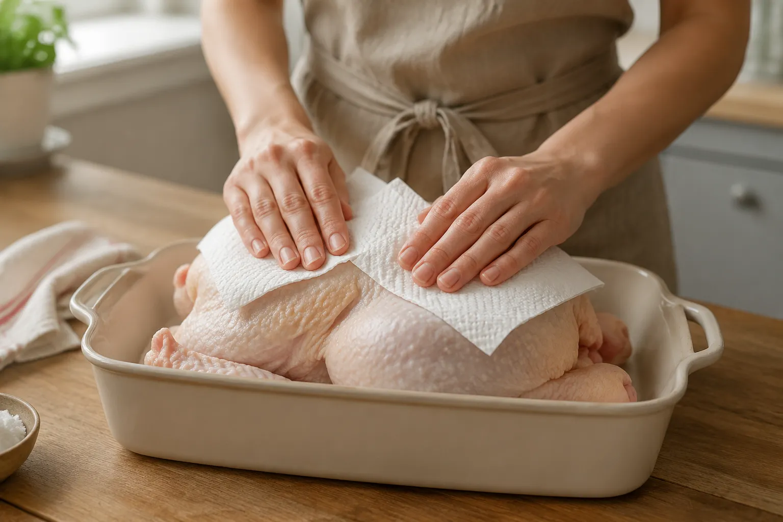 Patting whole chicken dry before roasting in the oven