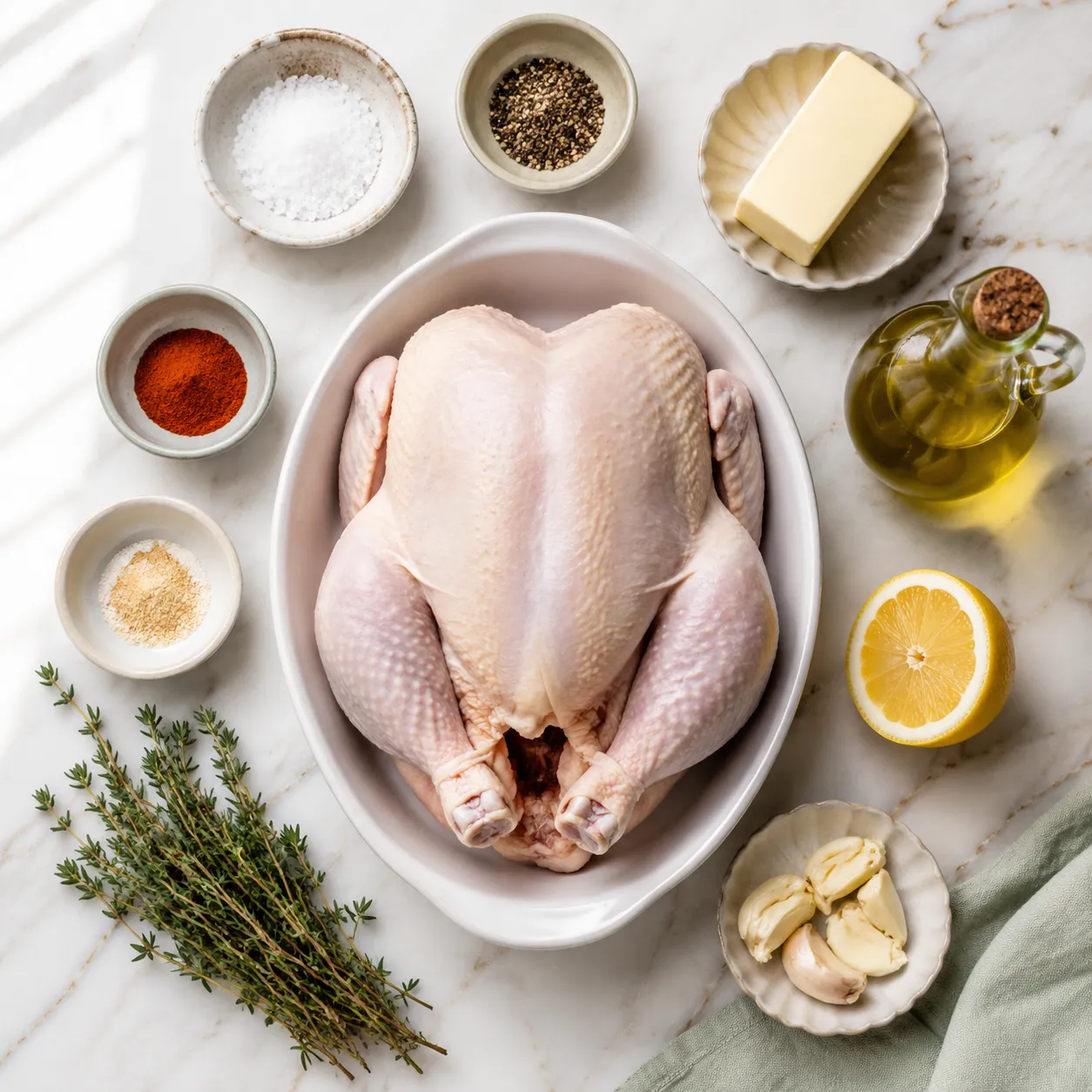 Ingredients for baking a whole chicken in the oven arranged on marble