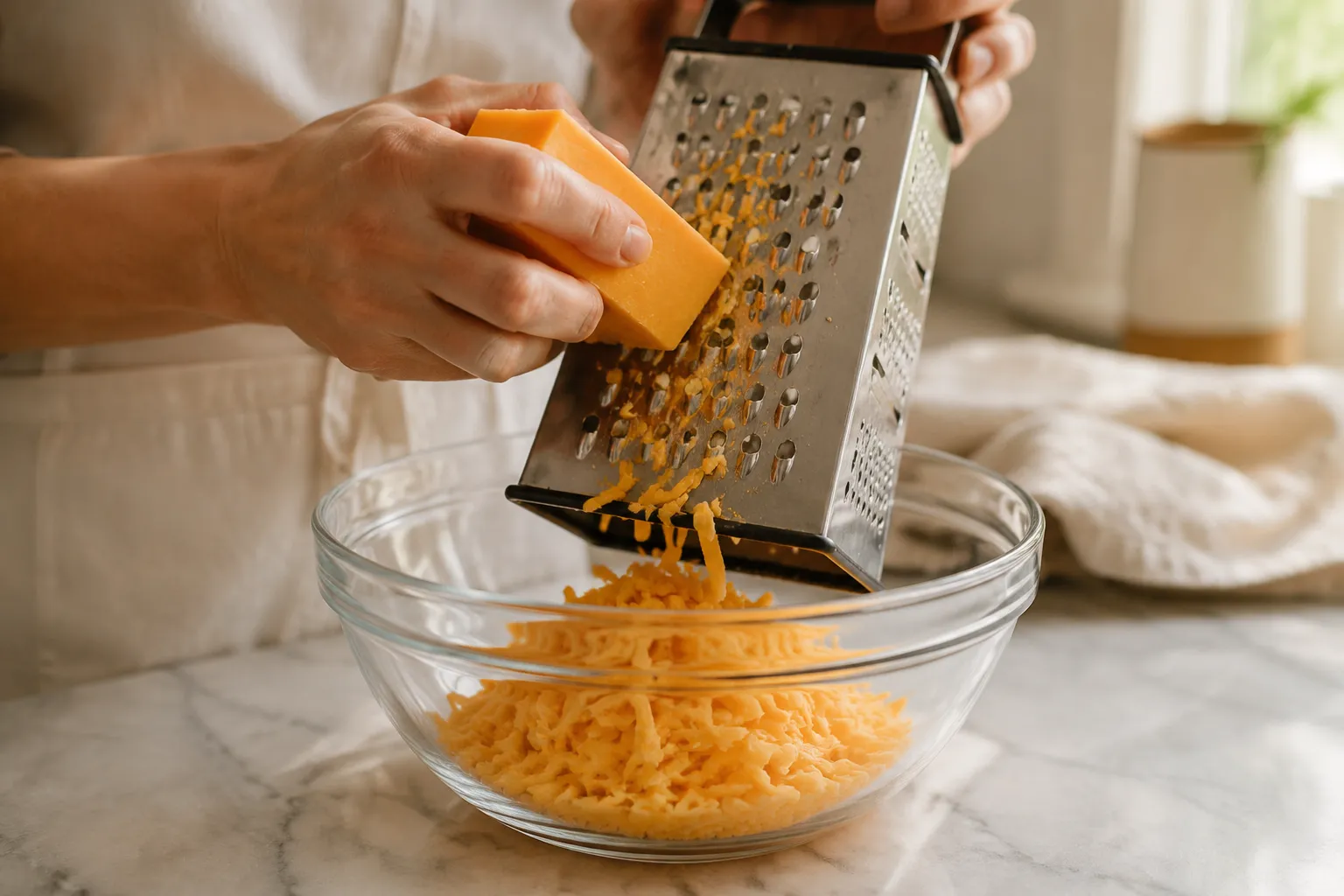 Hand-grating sharp cheddar cheese for pimento cheese recipe