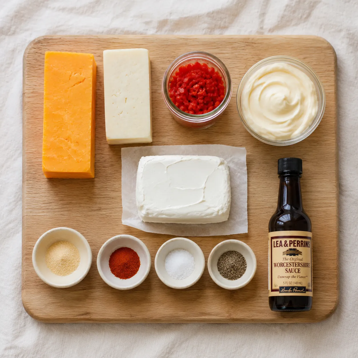 Ingredients for homemade pimento cheese recipe arranged on a wood board