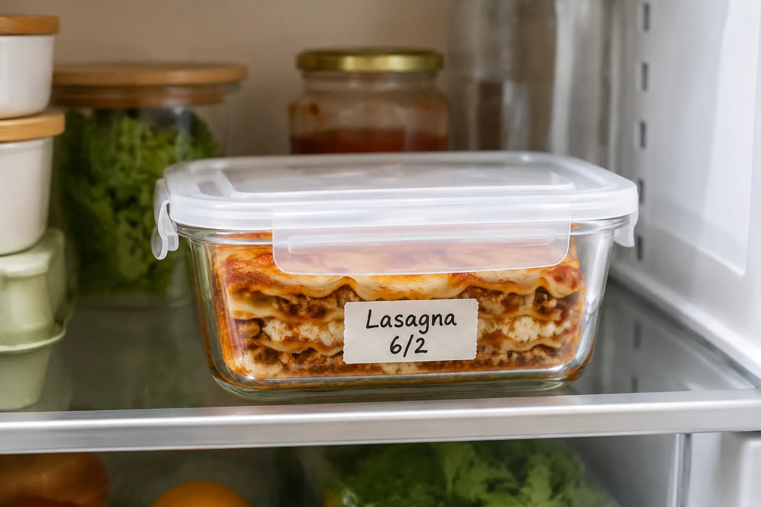 Stored leftovers from crockpot lasagna in a glass container