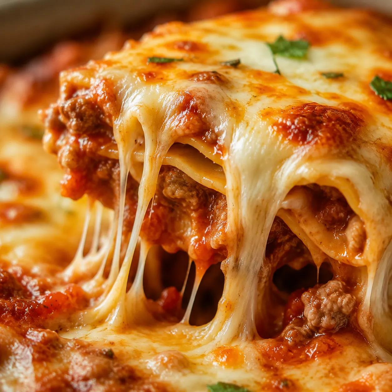 Close-up of cheesy crockpot lasagna with sauce and melted mozzarella