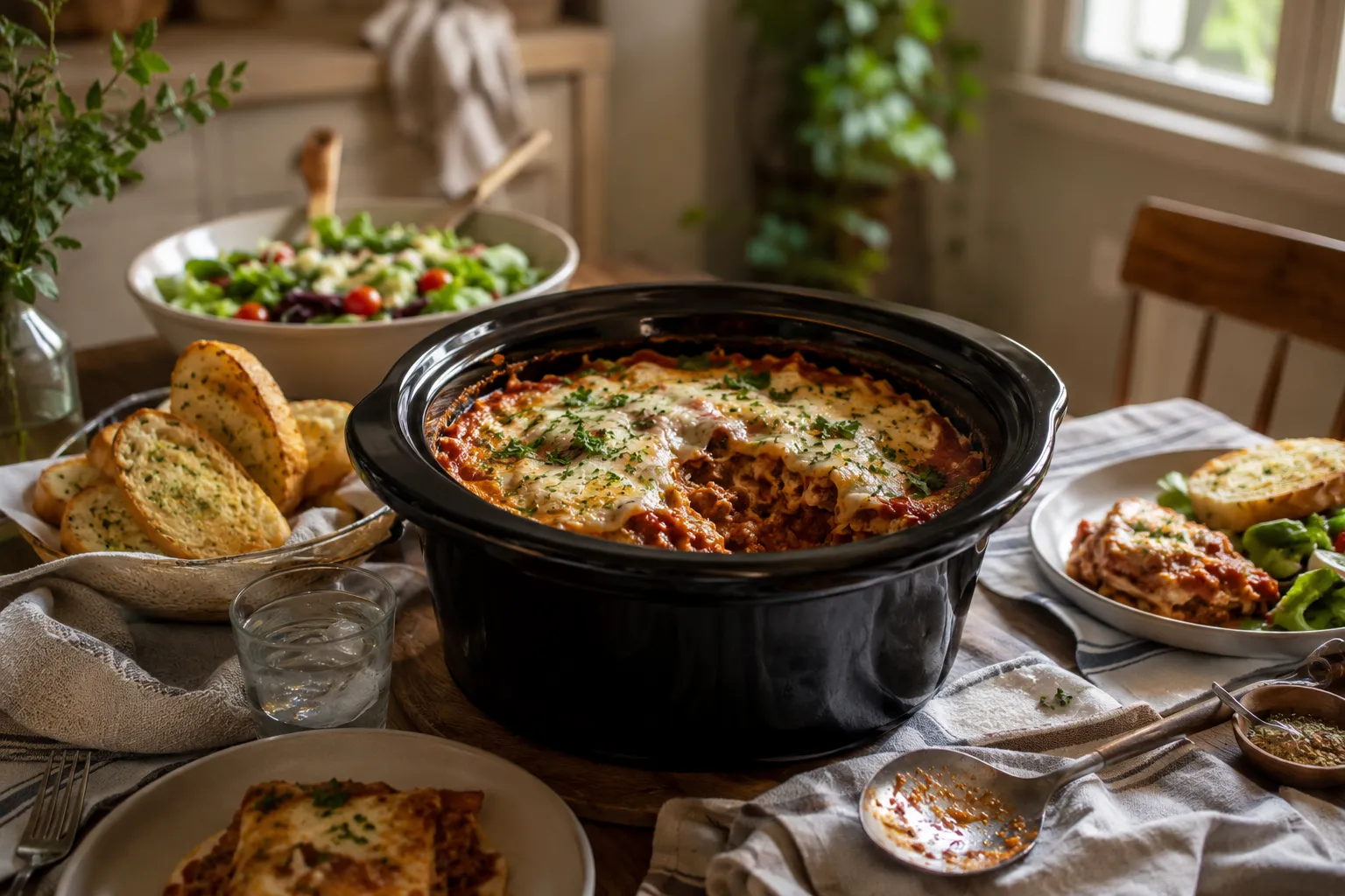 Family dinner scene with crockpot lasagna and side dishes