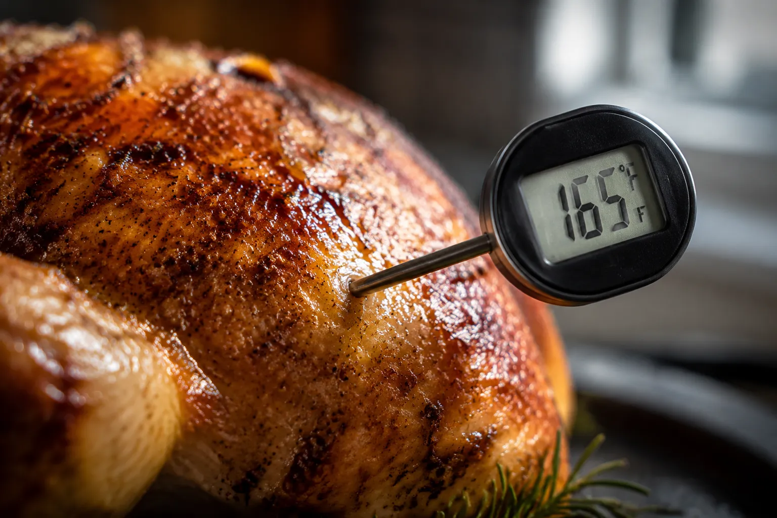 Checking internal temperature of whole chicken at 165 degrees
