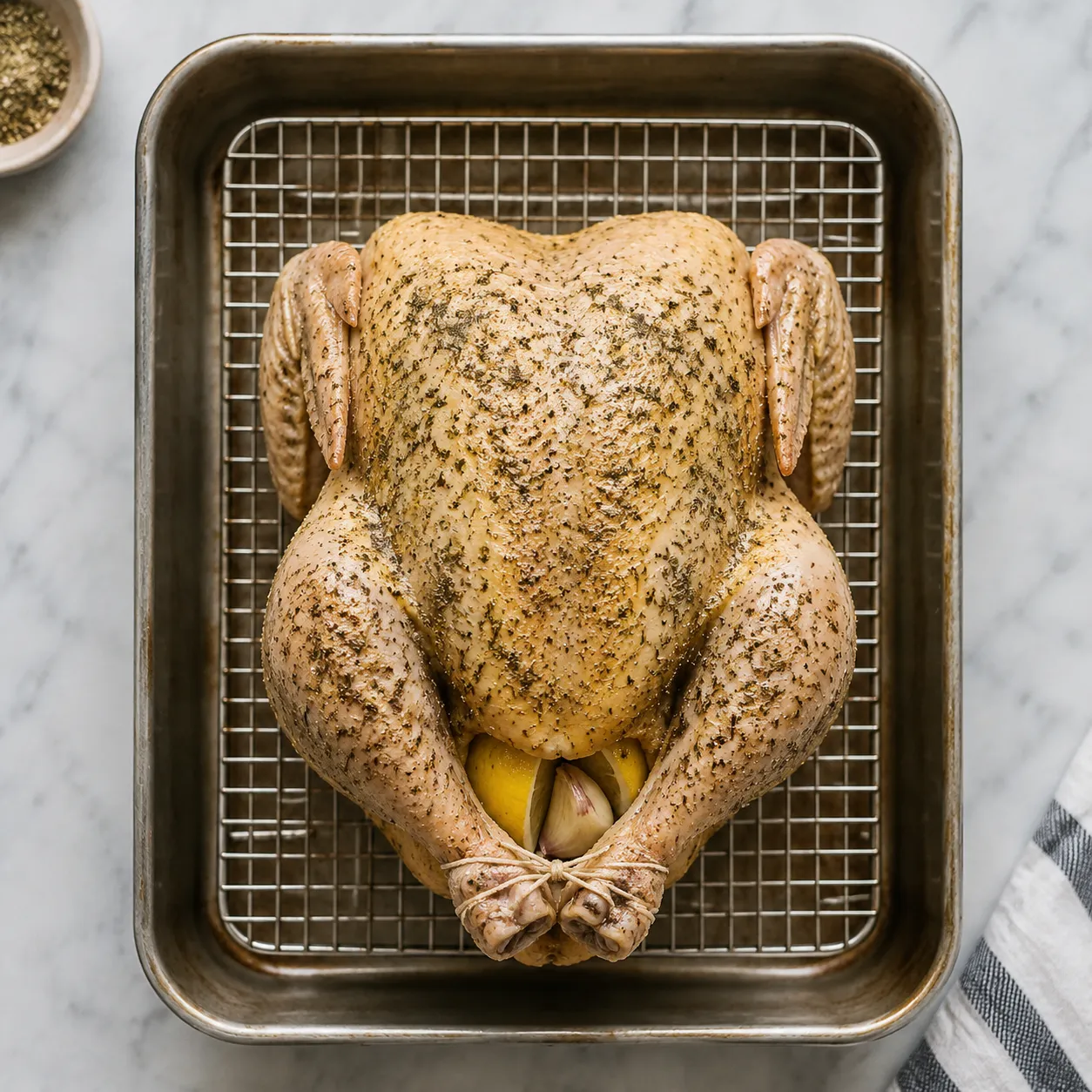 Trussed whole chicken ready to bake in the oven